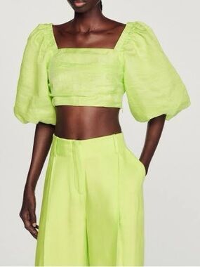 Sandro Lime Green Puff-Sleeve Cropped Square-Neck Top